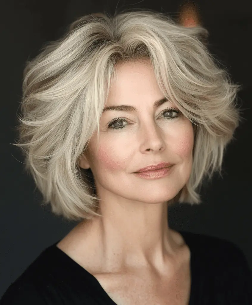 Blunt bob with a middle part for women over 50  