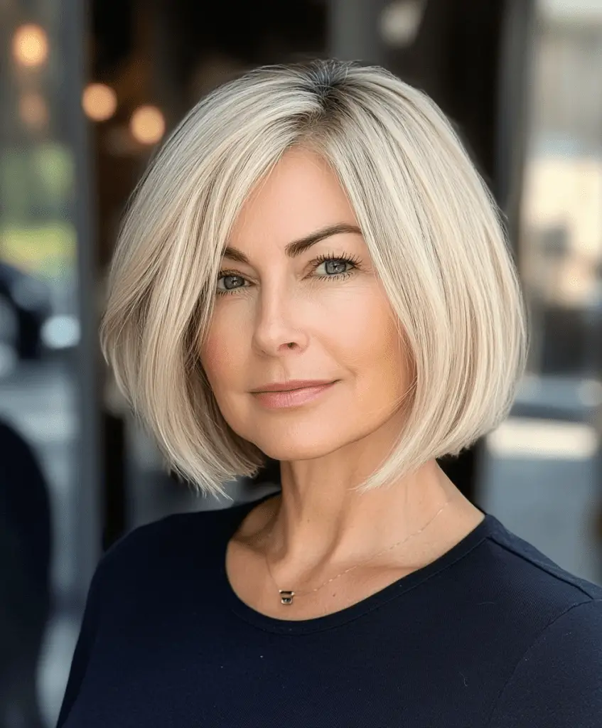 Layered lob with side part for women over 50  