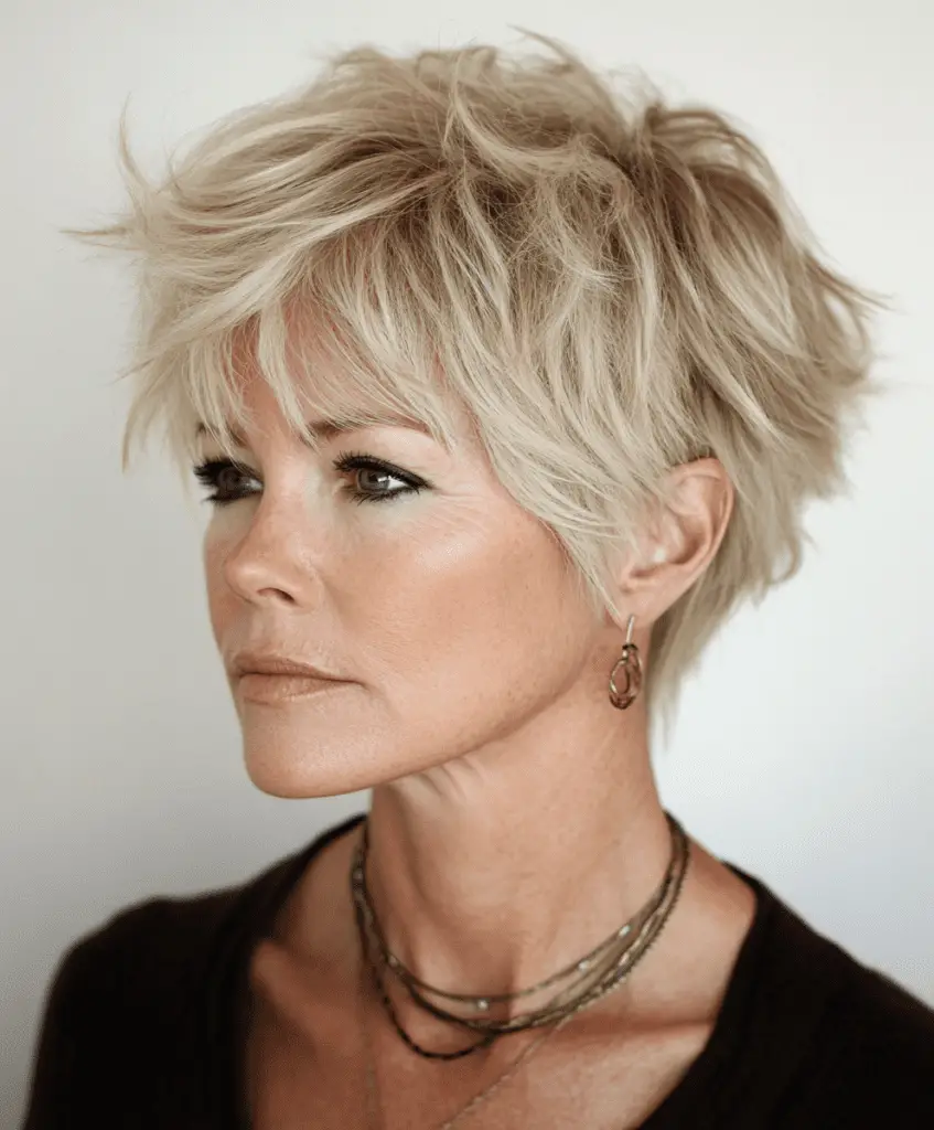 Shag haircut with side-swept bangs for women over 60.