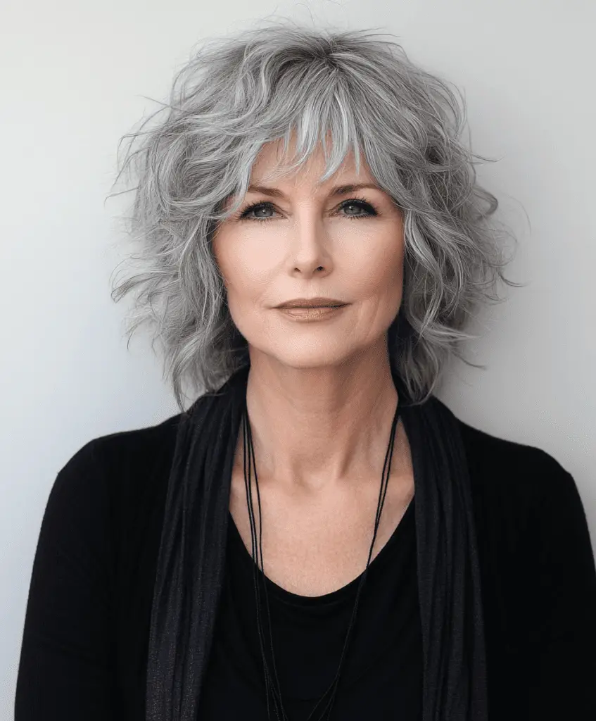 Short shag hairstyle with wavy layers for older women.