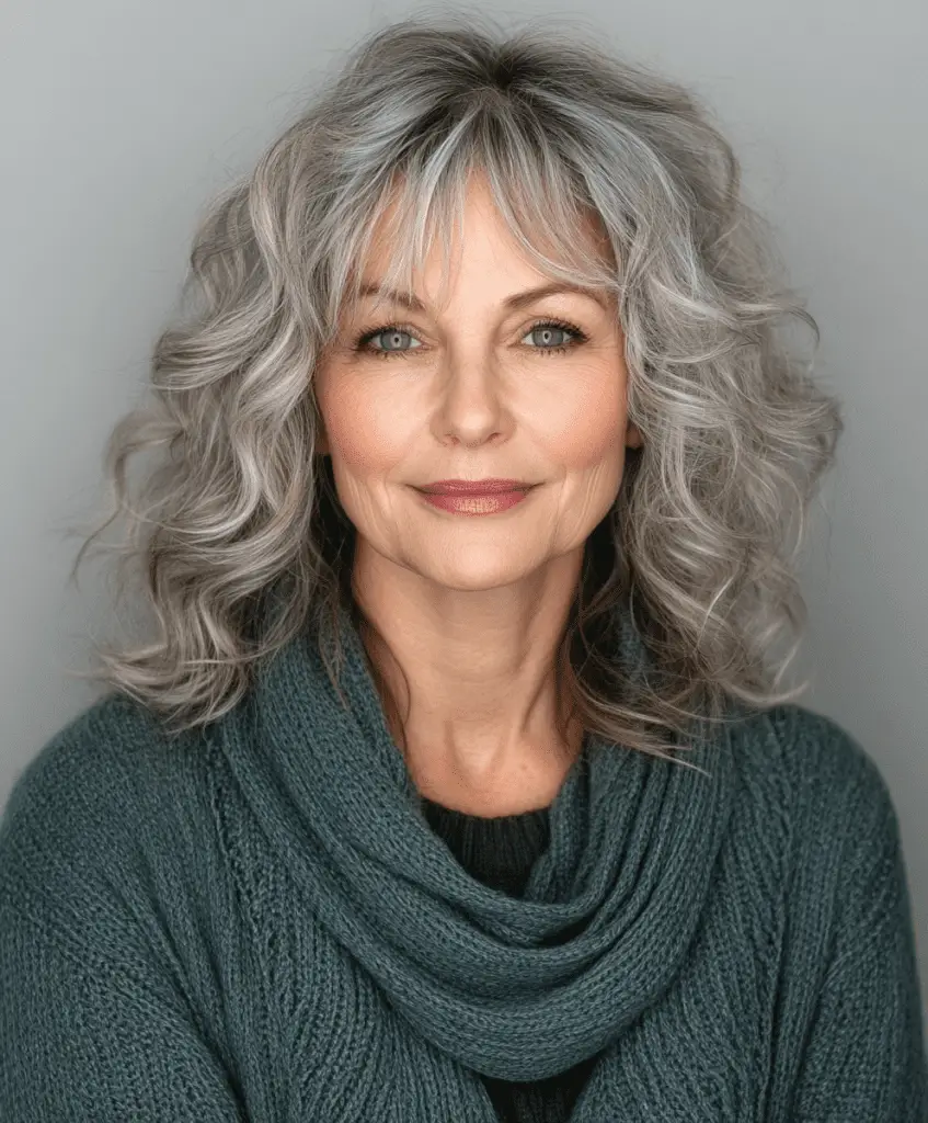 Layered shag hairstyle with fringe for women over 60.