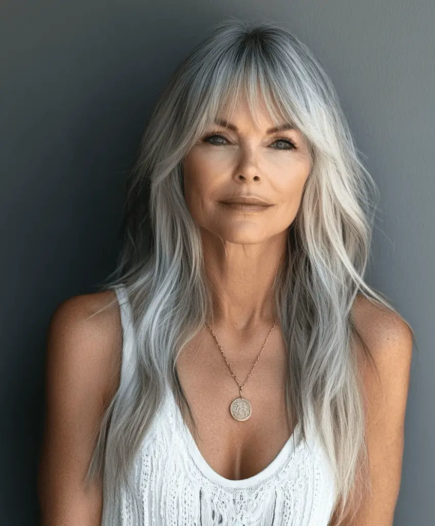 Shag hairstyle with face-framing layers for women over 60.