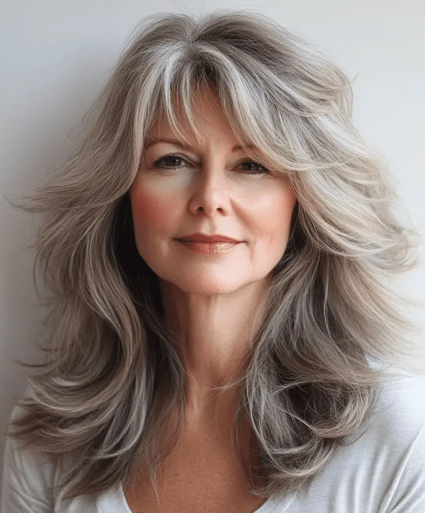 Long shag haircut for women over 50 with flowing layers and volume