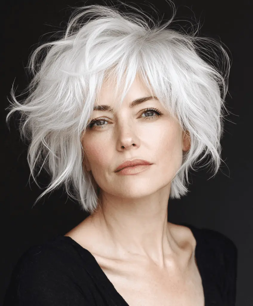 Short shag hairstyle with voluminous layers for women over 60.