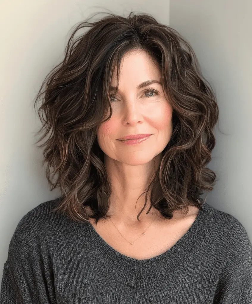 Wavy lob with face-framing layers for women over 50  