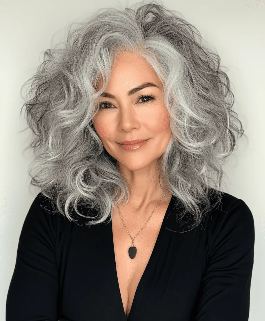 Platinum shag hairstyle with choppy layers for older women.