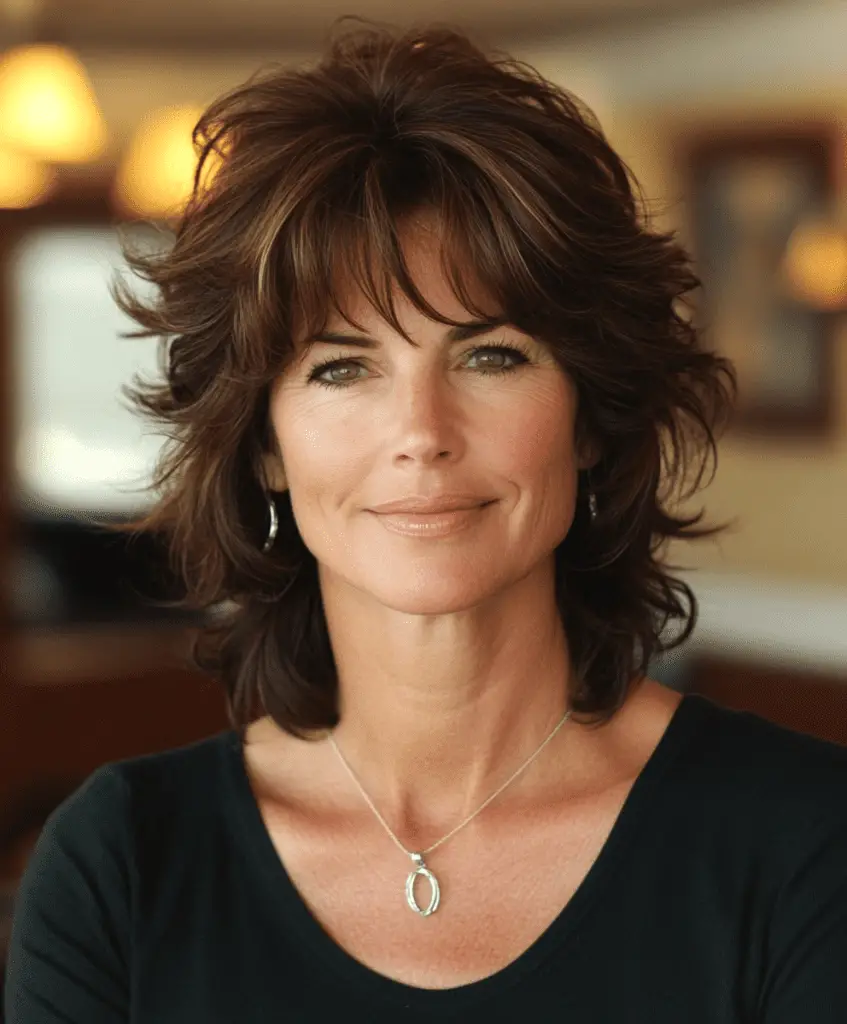 Medium shag hairstyle with feathered layers for older women.