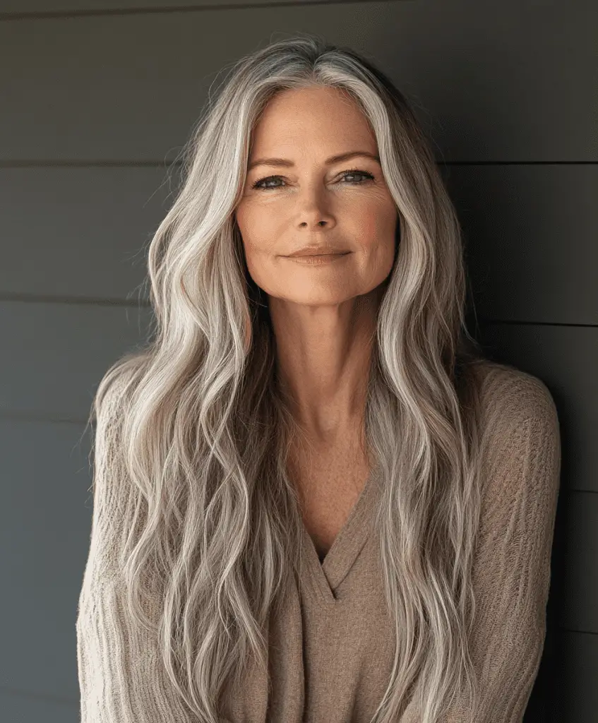 Long shag hairstyle with curls for women over 60.