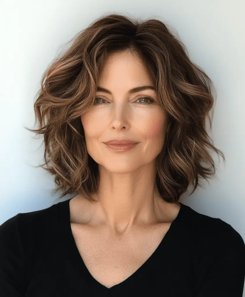 Voluminous lob with side part for women over 50  