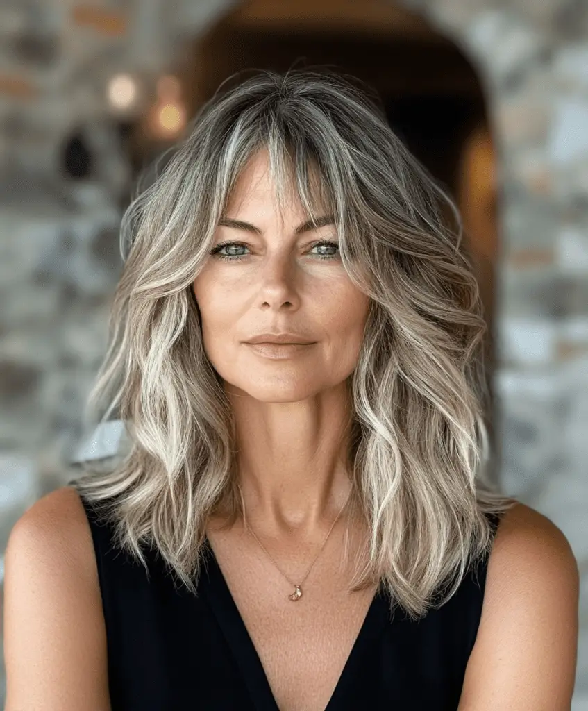 Shag hairstyle with highlights for women over 60.