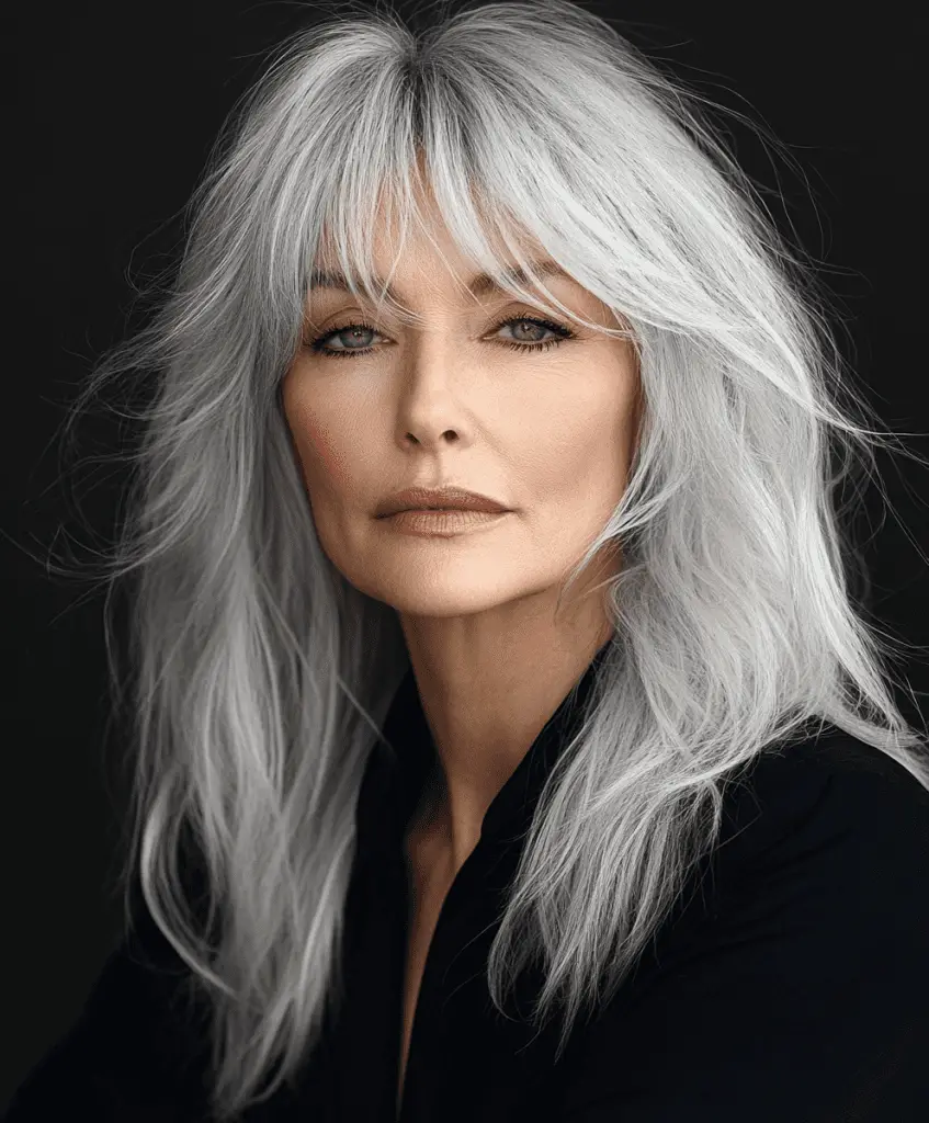 Shag hairstyle with soft waves and bangs for older women.