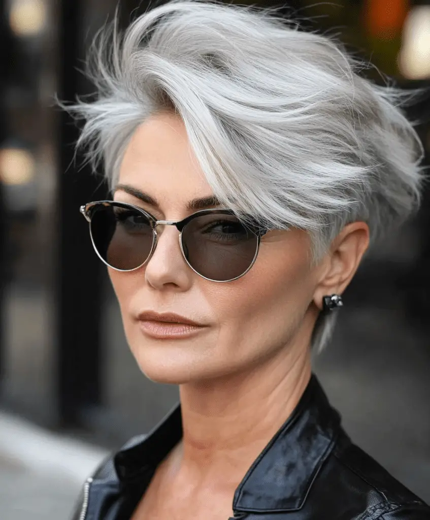 Long pixie cut with side-swept bangs for women over 50  