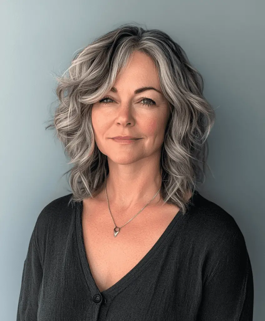 Short shag hairstyle with textured ends for older women.