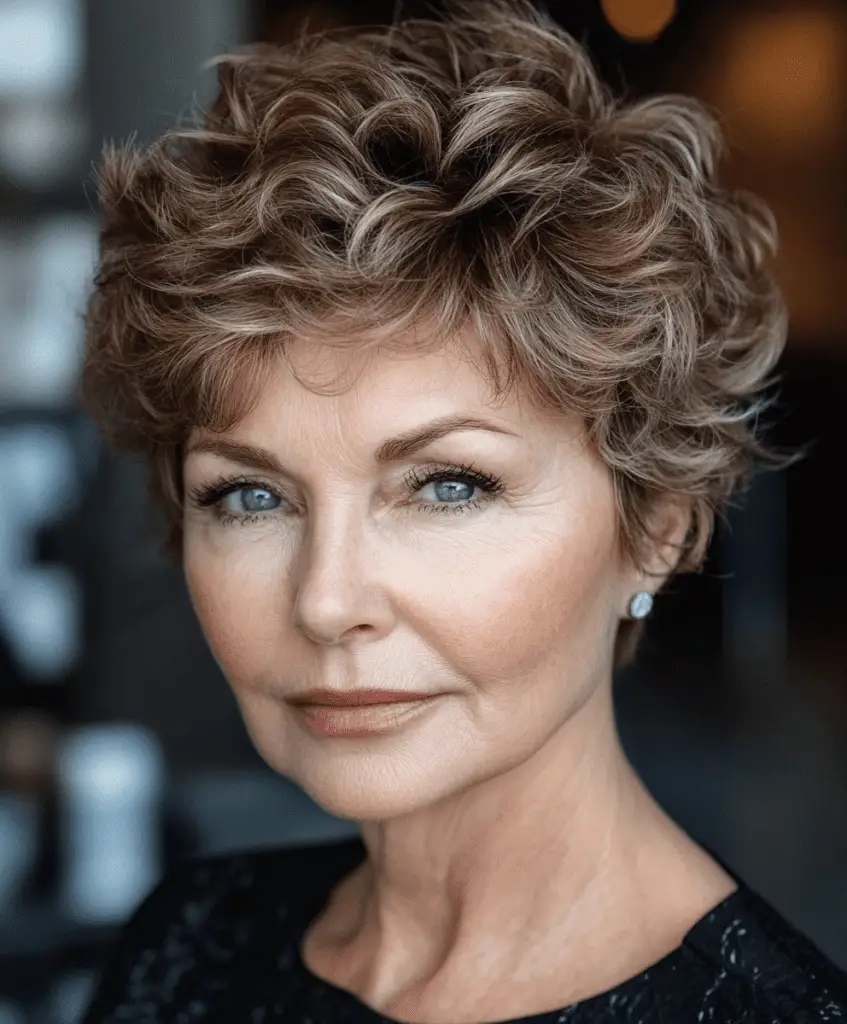 Shag hairstyle with curtain bangs for women over 60.