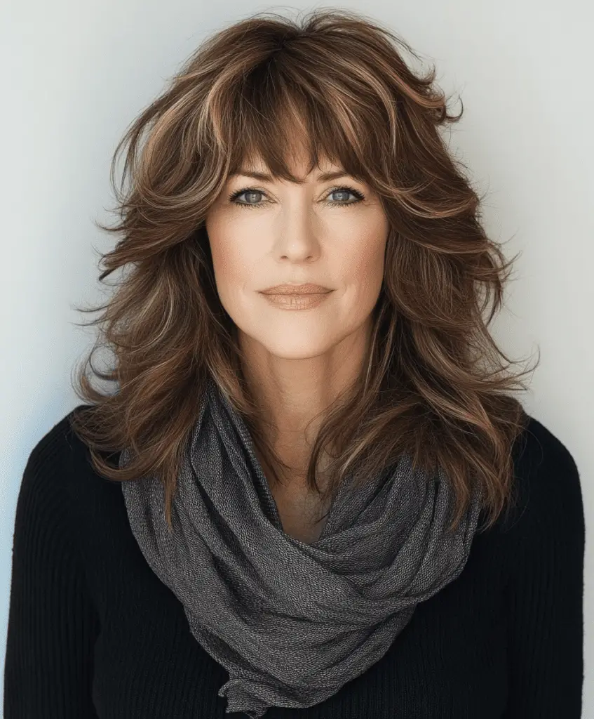 Textured shag hairstyle with balayage highlights for older women