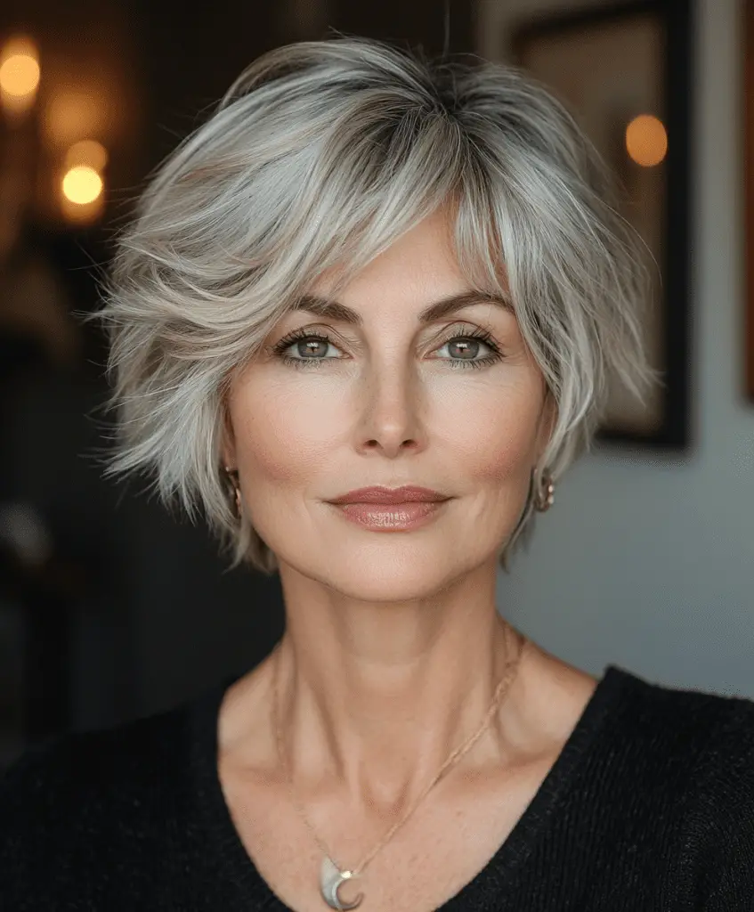 Pixie cut with long fringe for women over 50  