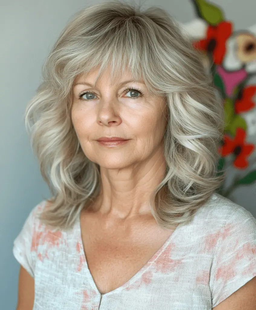 Shag hairstyle with soft layers for women over 60.