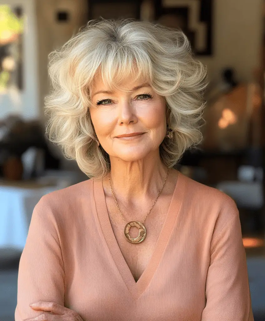 Medium shag hairstyle with tousled waves for women over 60.