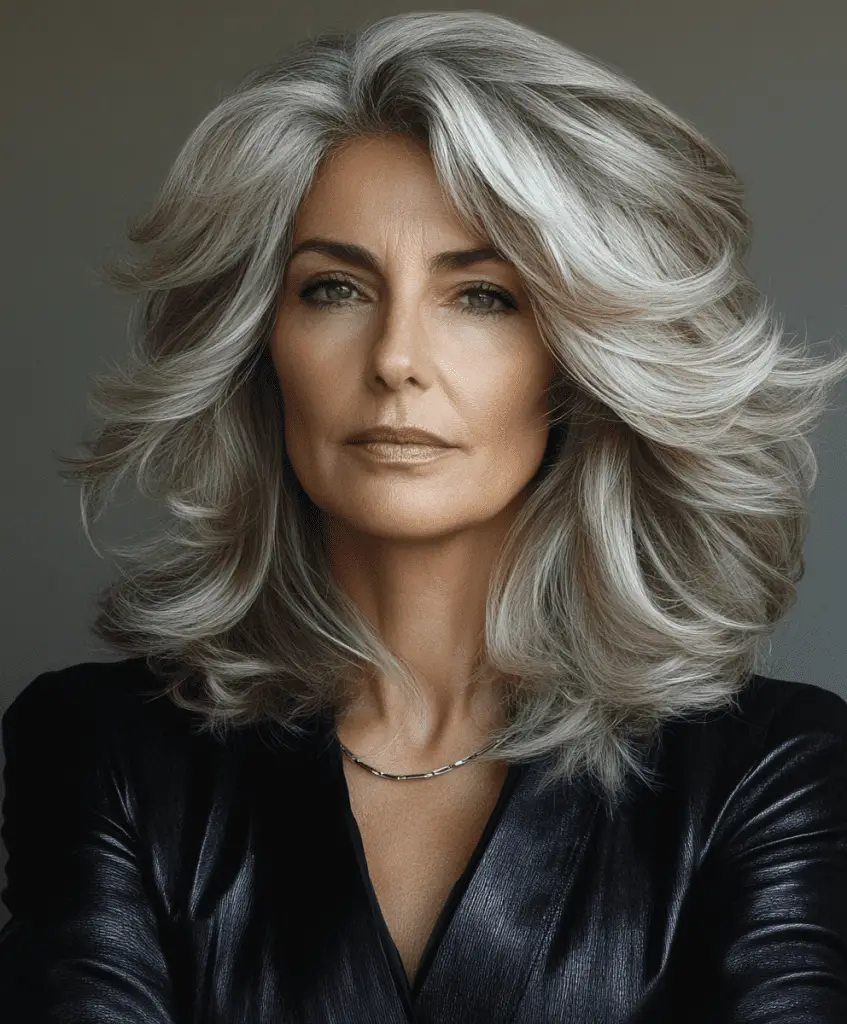 Choppy shag hairstyle with highlights for older women.