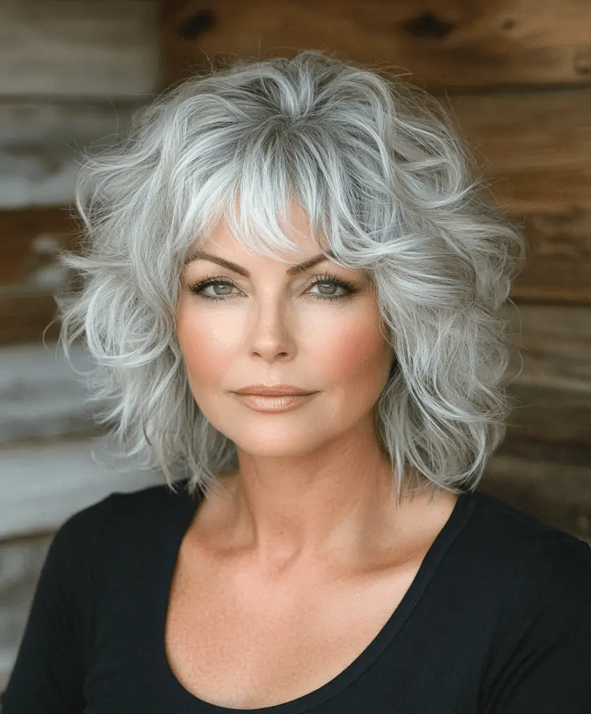 Tousled shag hairstyle with balayage for women over 60.