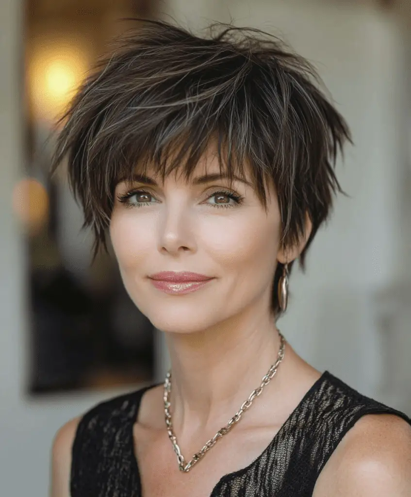 Textured pixie cut with wispy bangs for women over 50  