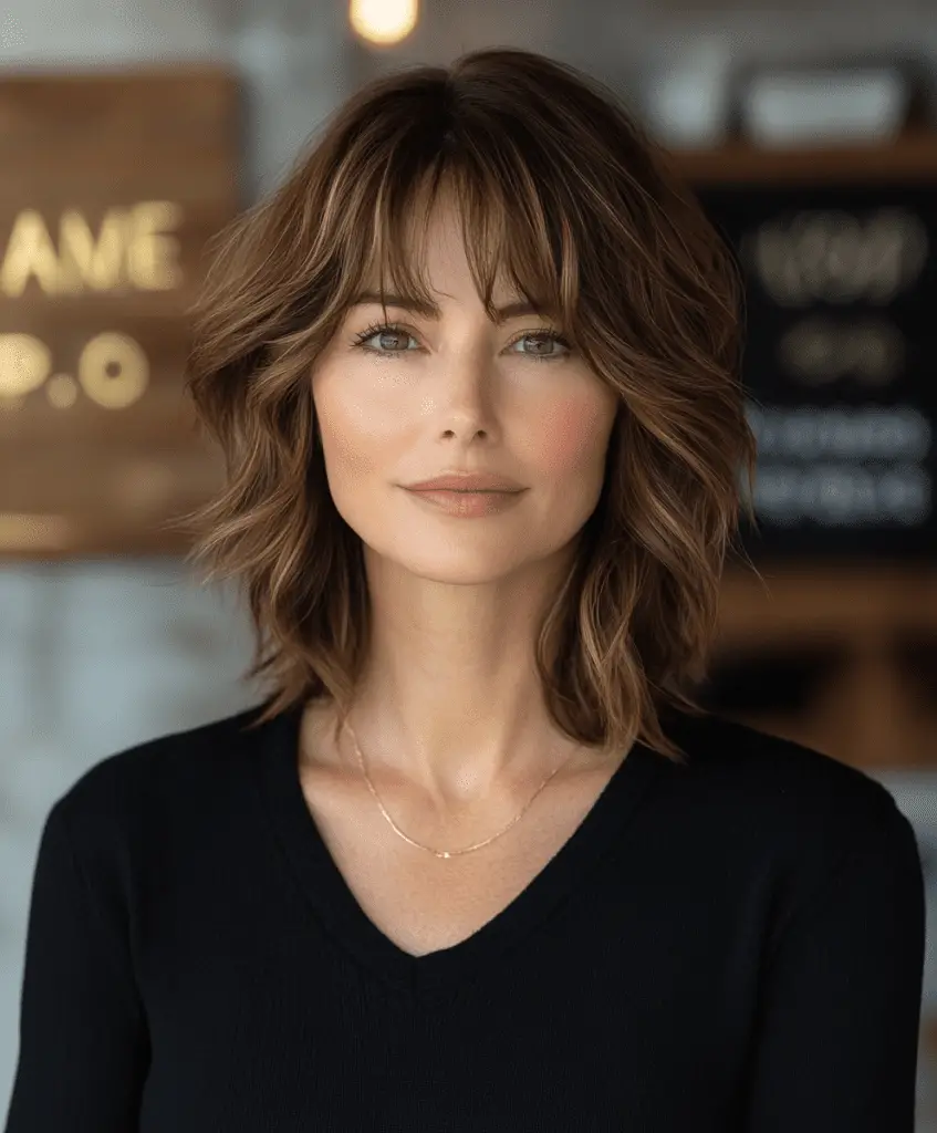 Choppy lob with highlights for women over 50  