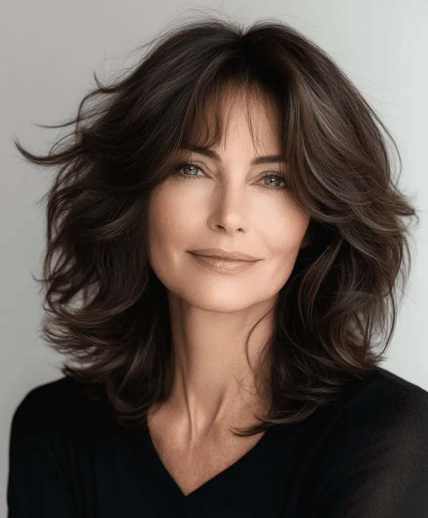 Layered cut with wispy bangs for women over 50  