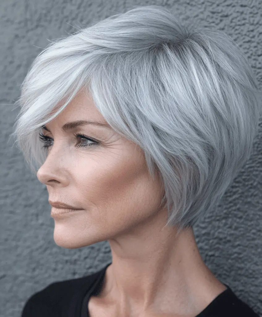 Short crop with side-swept bangs for fine hair