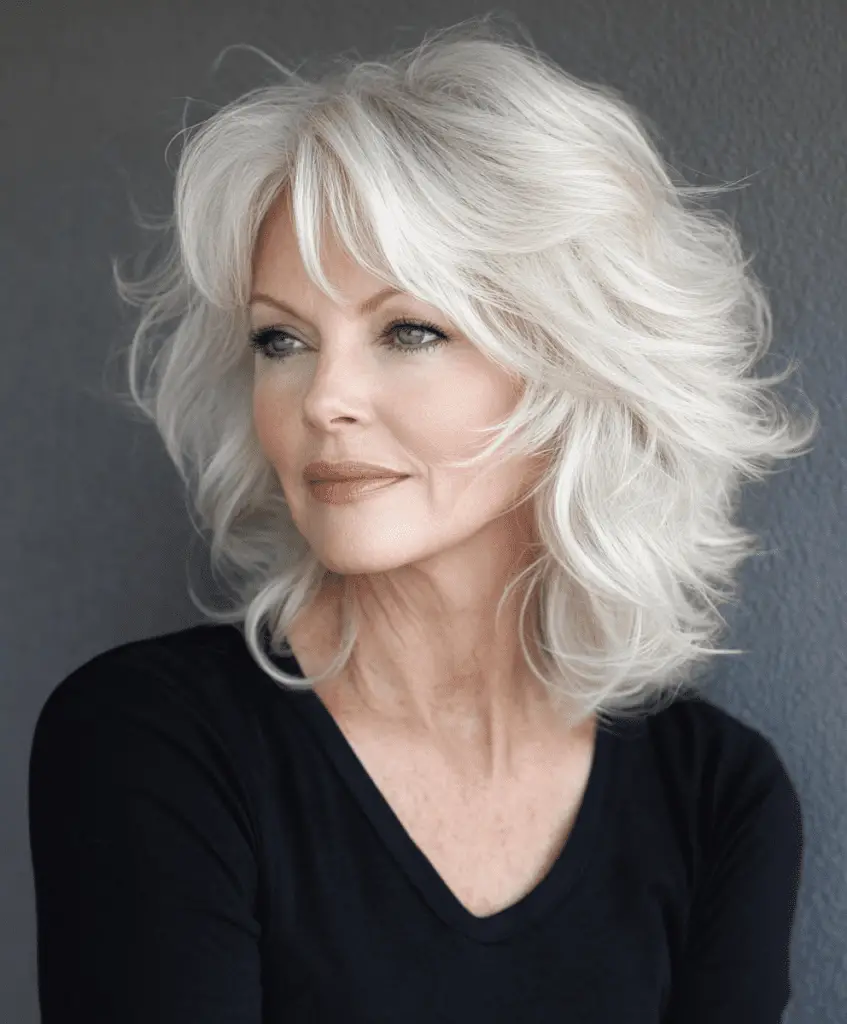 Medium-length shag hairstyle with wispy bangs for older women.